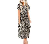 AUSELILY Summer Dresses for Women Short Sleeve Knee Length with Pockets Loose Pleated Empire Dress T-Shirt Dresses Leopard