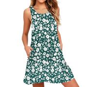 AUSELILY Summer Dresses for Women UK Casual Sleeveless Pleated Ladies Dress with Pocket Green Flowers XL