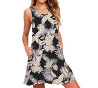 AUSELILY Summer Dresses for Women UK Casual Sleeveless Pleated Ladies Dress with Pocket Tropical Rainforest L