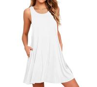 AUSELILY Summer Dresses for Women UK Casual Sleeveless Pleated Ladies Dress with Pocket White L