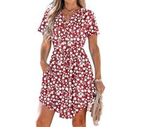 AUSELILY Summer Dresses for Women UK Casual V Neck Short Sleeve Drawstring Midi Dresses with Pockets Red Flowers M