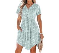 AUSELILY Summer Dresses for Women UK Casual V Neck Short Sleeve Drawstring Midi Dresses with Pockets Green Horseshoe 2XL