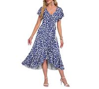 AUSELILY Summer Dresses for Women UK Midi Wrap Beach Casual V-Neck Short Sleeve Slit Ruffle Dress for Cocktail Wedding Guest