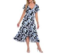 AUSELILY Summer Dresses for Women UK Midi Wrap Beach Casual V-Neck Short Sleeve Slit Ruffle Dress for Cocktail Wedding Guest