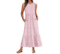 AUSELILY Summer Dresses for Women UK Sleeveless Maxi Dresses Ladies Beach Coverups Sun Dresses Tiered Long Dress with Pockets Pink Horseshoe M