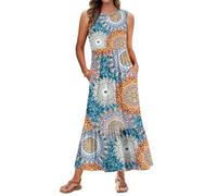AUSELILY Summer Dresses for Women UK Sleeveless Maxi Dresses Ladies Floral Summer Dresses Beach Coverups Empire Waist Tiered Long Dress with Pockets Print Green L