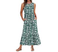 AUSELILY Summer Dresses for Women UK Sleeveless Maxi Dresses Ladies Summer Dresses Beach Coverups Swing Tiered Long Dress with Pockets Green Daisy L