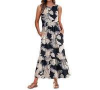 AUSELILY Summer Dresses for Women UK Sleeveless Maxi Dresses Ladies Summer Dresses Beach Coverups Swing Tiered Long Dress with Pockets Tropical Rainforest Leaf M