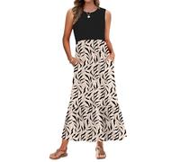 AUSELILY Summer Dresses for Women UK Sleeveless Maxi Ladies Beach Coverups Sun Dresses Tiered Long Dress with Pockets Black New KK BK Leaf S
