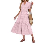 AUSELILY Summer Dresses for Women UK V Neck Maxi Dresses Ladies Ruffle Short Sleeve Swing Casual Long Beach Dress with Pockets Pink Pattern XL