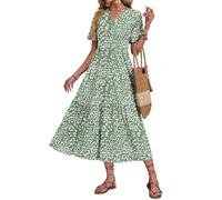 AUSELILY Summer Dresses for Women UK V Neck Maxi Dresses Ladies Ruffle Short Sleeve Swing Casual Long Beach Dress Petite with Pockets Flyleaf Olive S