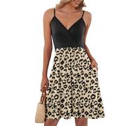 AUSELILY Summer Dresses for Women UK V Neck Spaghetti Strap Casual Dress Beach with Pockets Leopard Black S