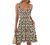 AUSELILY Summer Dresses for Women UK V Neck Spaghetti Strap Casual Dress Beach with Pockets Leopard S