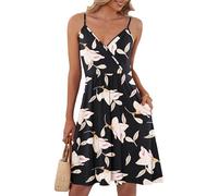 AUSELILY Summer Dresses for Women UK V Neck Spaghetti Strap Casual Dress Beach with Pockets Morning Glory XL