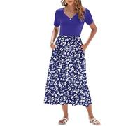 AUSELILY Summer Dresses Women UK Short Sleeve Empire Waist Maxi Dresses Women Long Sundresses Swing V-Neck Beach Coverup with Pockets Floral Blue White S