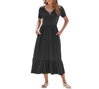 AUSELILY Summer Dresses Women UK Short Sleeve Empire Waist Maxi Dresses Women Long Sundresses Swing V-Neck Beach Coverup with Pockets Black L
