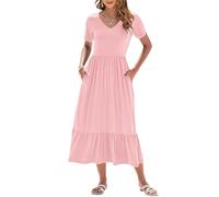 AUSELILY Summer Dresses Women UK Short Sleeve Empire Waist Maxi Dresses Women Long Sundresses Swing V-Neck Beach Coverup with Pockets Pink 2XL