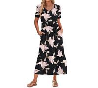 AUSELILY Summer Dresses Women UK Short Sleeve Empire Waist Maxi Dresses Women Long Sundresses Swing V-Neck Beach Coverup with Pockets Morning Glory S