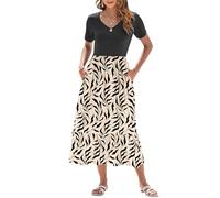 AUSELILY Summer Dresses Women UK Short Sleeve Empire Waist Maxi Dresses Women Long Sundresses Swing V-Neck Beach Coverup with Pockets Black Leaf Black L