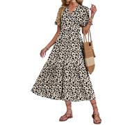 AUSELILY Summer Leopard Dresses for Women UK V Neck Maxi Dresses Ladies Ruffle Short Sleeve Swing Casual Long Beach Dress with Pockets M