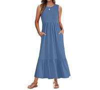 AUSELILY Summer Long Dresses for Women UK Maxi Beach Dresses Tank Top Swing Tiered Casual Dresses with Pockets Beja Blue L
