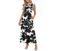 AUSELILY Summer Maxi Dress Women Pockets Beachdress A Line Floral Black XL | Petal Ruffle Sleeve Crew Neck Casual Long Sundress High Waist Flowy Wedding Cocktail Party Dresses Ladies Vacation Maternity