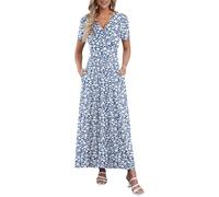 AUSELILY Summer Maxi Dresses for Women UK Short Sleeve V Neck Ladies Dresses with Pockets Grey Blue Little Flowers XL