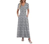 AUSELILY Summer Maxi Dresses for Women UK Short Sleeve V Neck Ladies Dresses with Pockets Leopard S