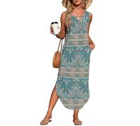 AUSELILY Summer Maxi Dresses for Women UK Sleeveless Halter Loose Beach Ladies Split Dresses with Pockets Boho Floral Green 2XL