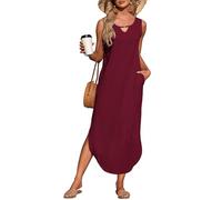 AUSELILY Summer Maxi Dresses for Women UK Sleeveless Halter Loose Beach Ladies Split Dresses with Pockets Wine Red L