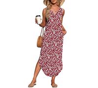AUSELILY Summer Maxi Dresses for Women UK Sleeveless Halter Loose Beach Ladies Split Dresses with Pockets Red Flowers S