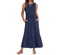 AUSELILY Summer Maxi Dresses for Women UK Sleeveless Ladies Floral Summer Dresses Beach Coverups Sun Dresses Tiered Flowy Swing Long Dress with Pockets Navy Blue