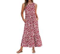AUSELILY Summer Sleeveless Maxi Dresses for Women Ladies Red Floral Summer Long Dresses Flowy Tiered Long Dress with Pockets Beach Holidays Party Wedding Guest Dresses L