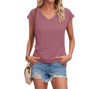 AUSELILY T Shirts for Women UK Short Sleeve V Neck Slim Fit Stretch Tops Casual Elegant Basic Tee Dusty Rose Pink L