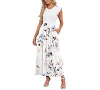 AUSELILY Women Casual Maxi Plus Size Summer Dresses Crew Neck High Waist Dress Ruffle Sleeve Dresses for Wedding Floral White, XXL