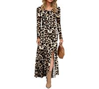 AUSELILY Women Long Sleeve Dress UK Maxi Ladies Slit Elegant Long Dresses Leopard Black S