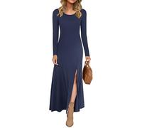 AUSELILY Women Long Sleeve Dress UK Maxi Ladies Slit Elegant Long Dresses Navy Blue M