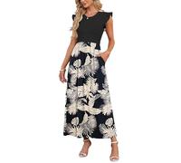 AUSELILY Women Maxi Dress Summer A Line with Pockets Tropical Rainforest S