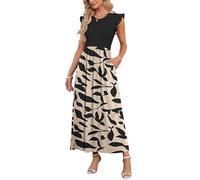 AUSELILY Women Maxidress Summer A Line with Pocket Apricot Black Leaves 3XL | Petal Ruffle Sleeve High Waist Crew Neck Casual Long Sundress Beachdress Flowy Wedding Cocktail Party Dresses Ladies Vacation