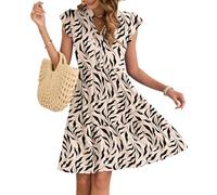 AUSELILY Women Summer Dress V Neck Ruffle Short Sleeve Ladies Dress Wrap Waist Casual Minidress with Pockets Apricot Black Leaf XL