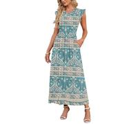 AUSELILY Women Summer Maxi Dress Ruffle Petal Short Sleeve Dresses with Pockets Casual Crew Neck Beach Long Dress Elegant Boho Floral Green M