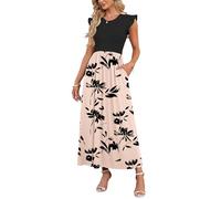 AUSELILY Women Summer Maxi Dress Ruffle Petal Short Sleeve Dresses with Pockets Casual Crew Neck Beach Long Dress Elegant Floral Brown Black XXL