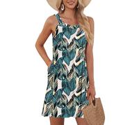 AUSELILY Women's Beach Cover Up Tank Dress Casual Vacation Short Summer Halter Dresses with Pockets Leaf Print XL