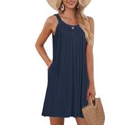 AUSELILY Women's Beach Cover Up Tank Dress Casual Vacation Short Summer Halter Dresses with Pockets Navy Blue S