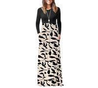 AUSELILY Women's Casual Long Sleeve Maxi Dress Loose Long Dresses with Pockets Apricot Black Leaves M