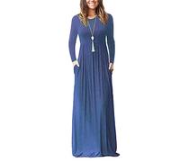AUSELILY Women's Casual Long Sleeve Maxi Dress Loose Long Dresses with Pockets Beja Blue S