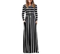 AUSELILY Women's Casual Long Sleeve Maxi Dress Loose Long Dresses with Pockets Black White Stripes XL