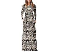 AUSELILY Women's Casual Long Sleeve Maxi Dress Loose Long Dresses with Pockets Boho Floral Black XL