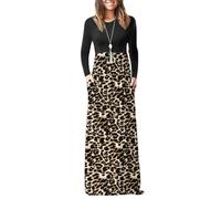 AUSELILY Women's Casual Long Sleeve Maxi Dress Loose Long Dresses with Pockets Brown Leopard Join Black XL