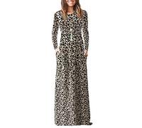 AUSELILY Women's Casual Long Sleeve Maxi Dress Loose Long Dresses with Pockets Leopard XXXL